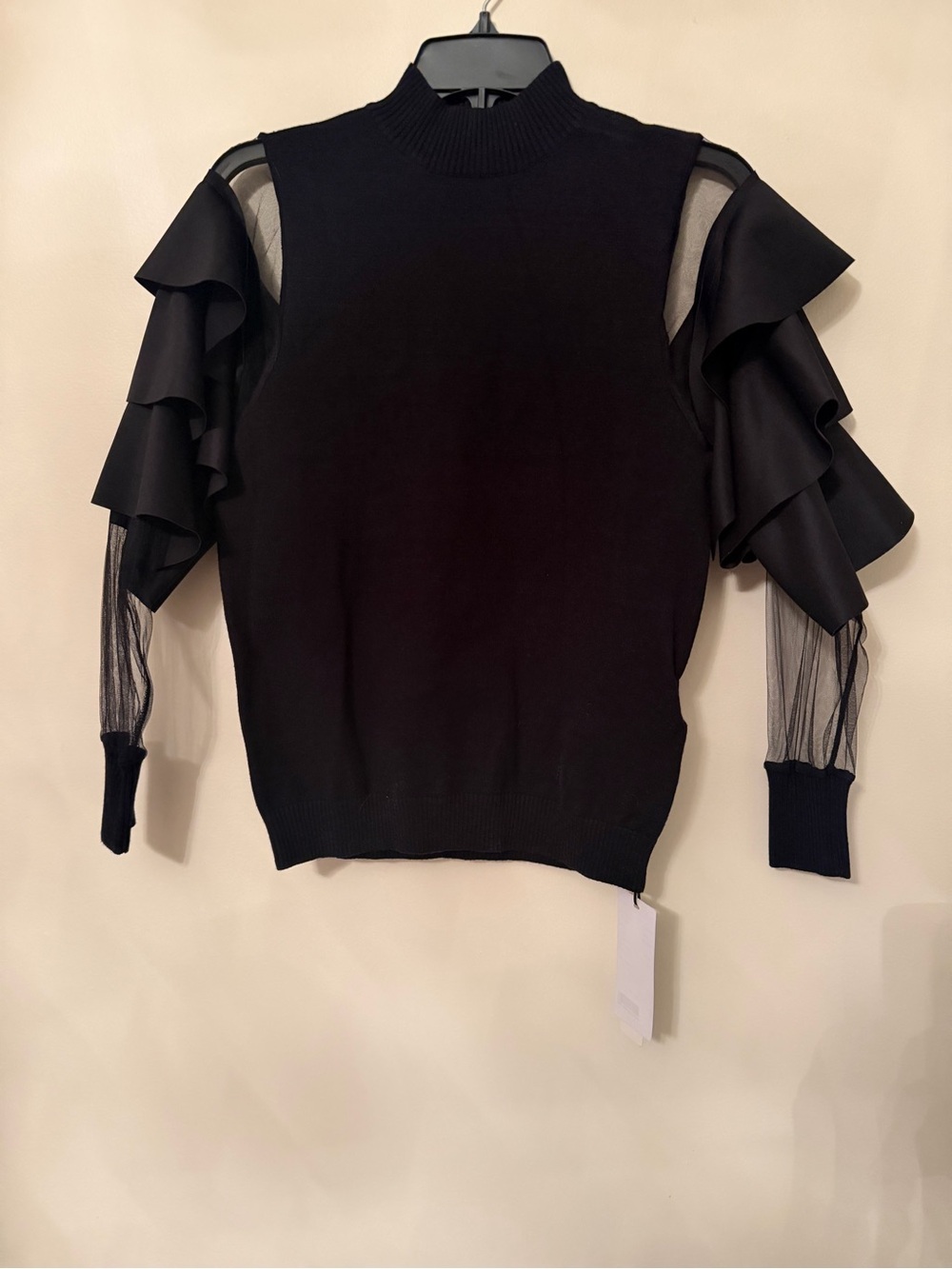 Black Ruffled Mesh Sleeve Women's Sweater